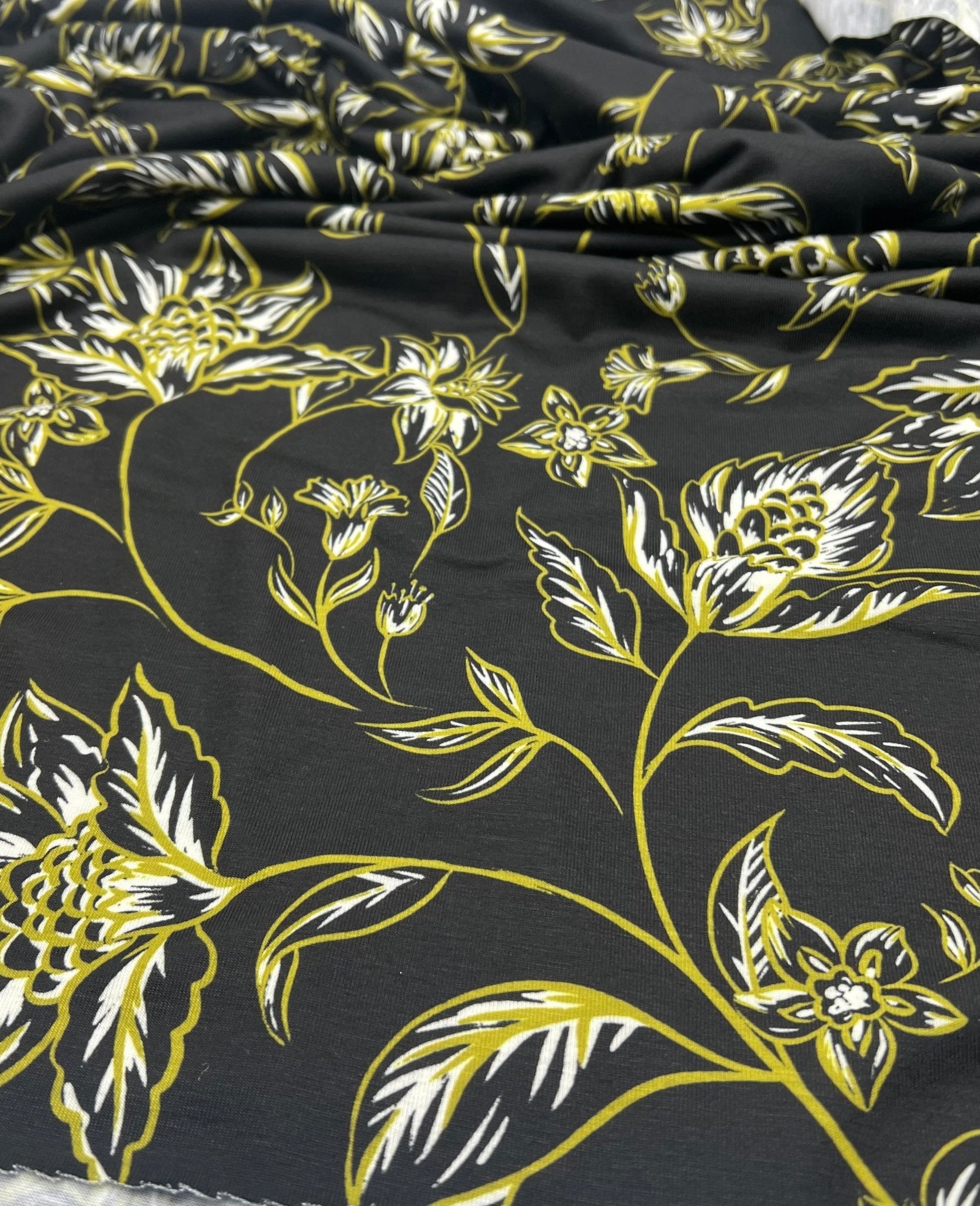 Black Green Gold Floral Print Spun Poly Stretch Fabric - T9 Fabrics