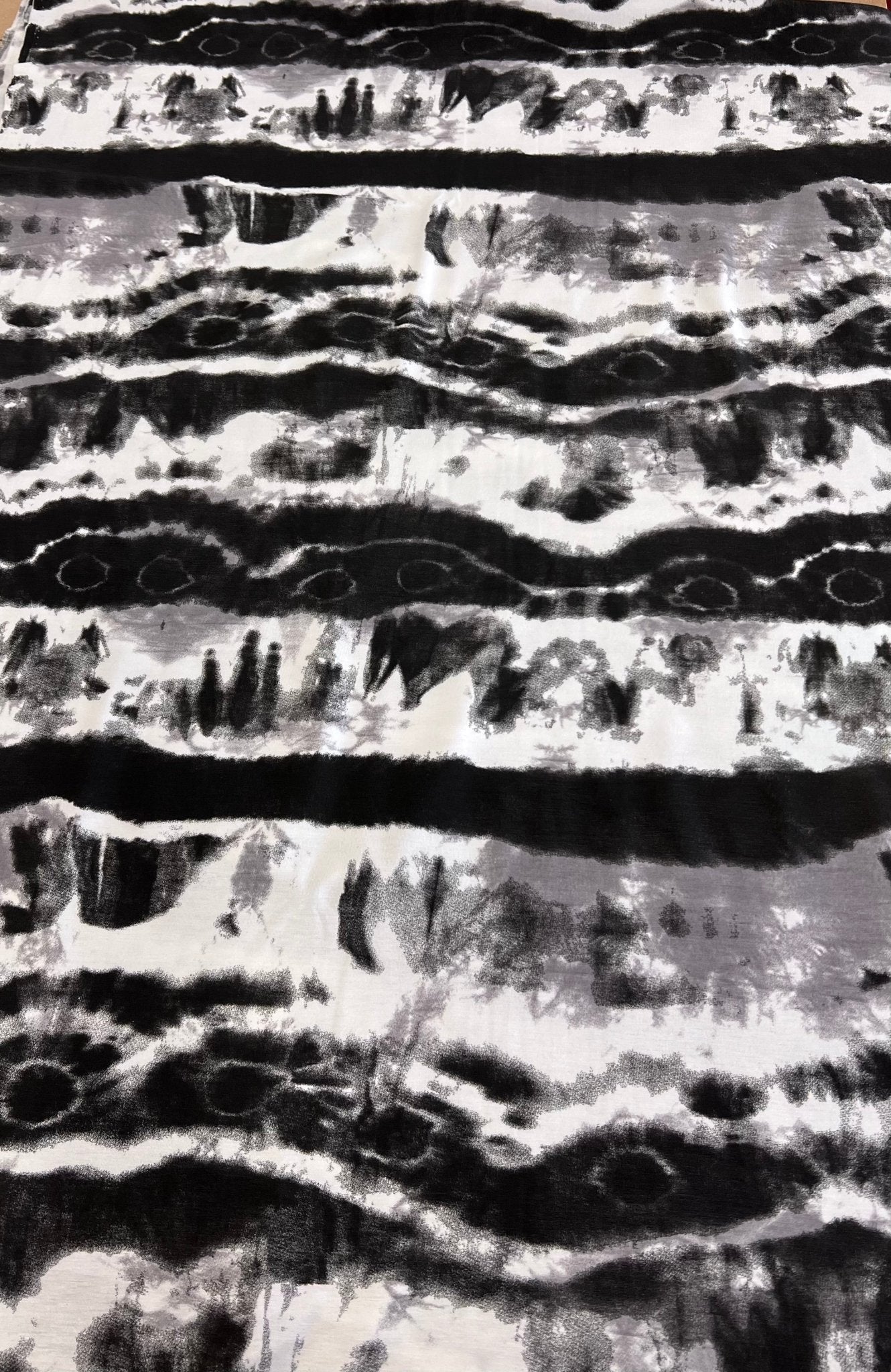 Black Grey Tie Dye Stripe Print Viscose Elastane Fabric - T9 Fabrics