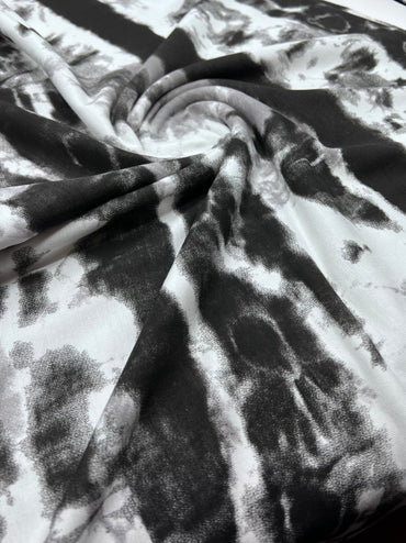 Black Grey Tie Dye Stripe Print Viscose Elastane Fabric - T9 Fabrics