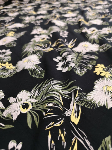 Black & Ivory Floral Print Viscose Elastane Fabric - T9 Fabrics