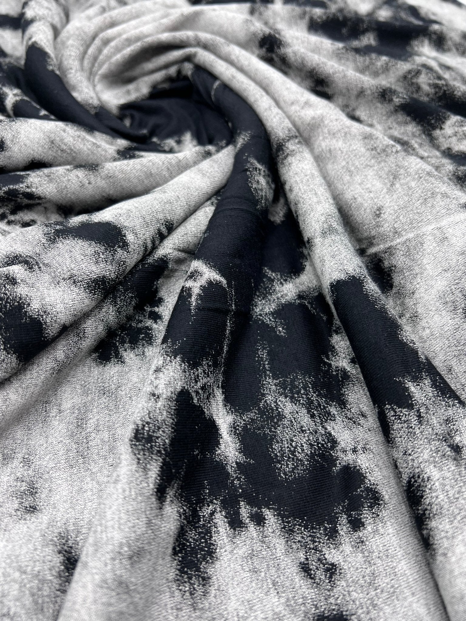 Black Large Grey Tie Dye Print Viscose Elastane Fabric - T9 Fabrics