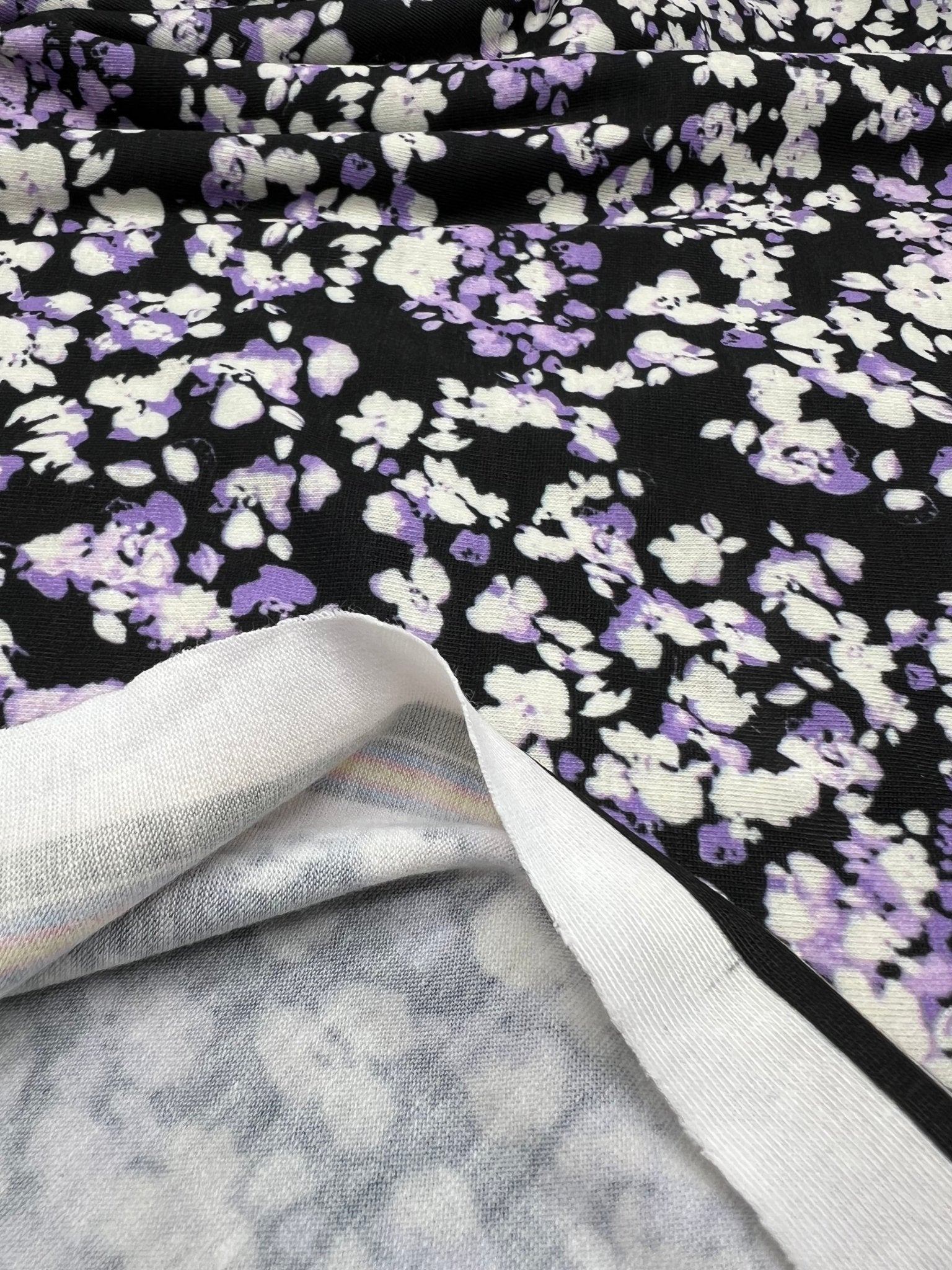 Black Lilac Ditsy Floral Print Viscose Elastane 4 Way Stretch Fabric - T9 Fabrics