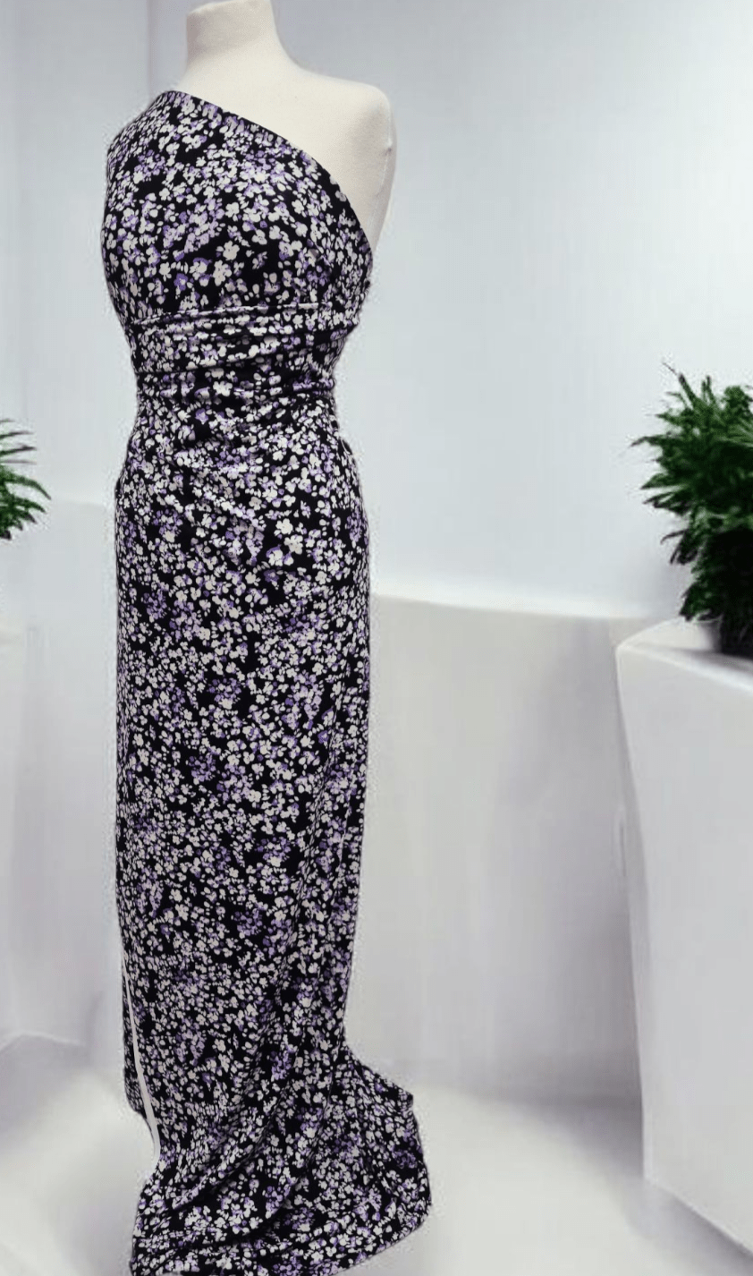 Black Lilac Ditsy Floral Print Viscose Elastane 4 Way Stretch Fabric - T9 Fabrics