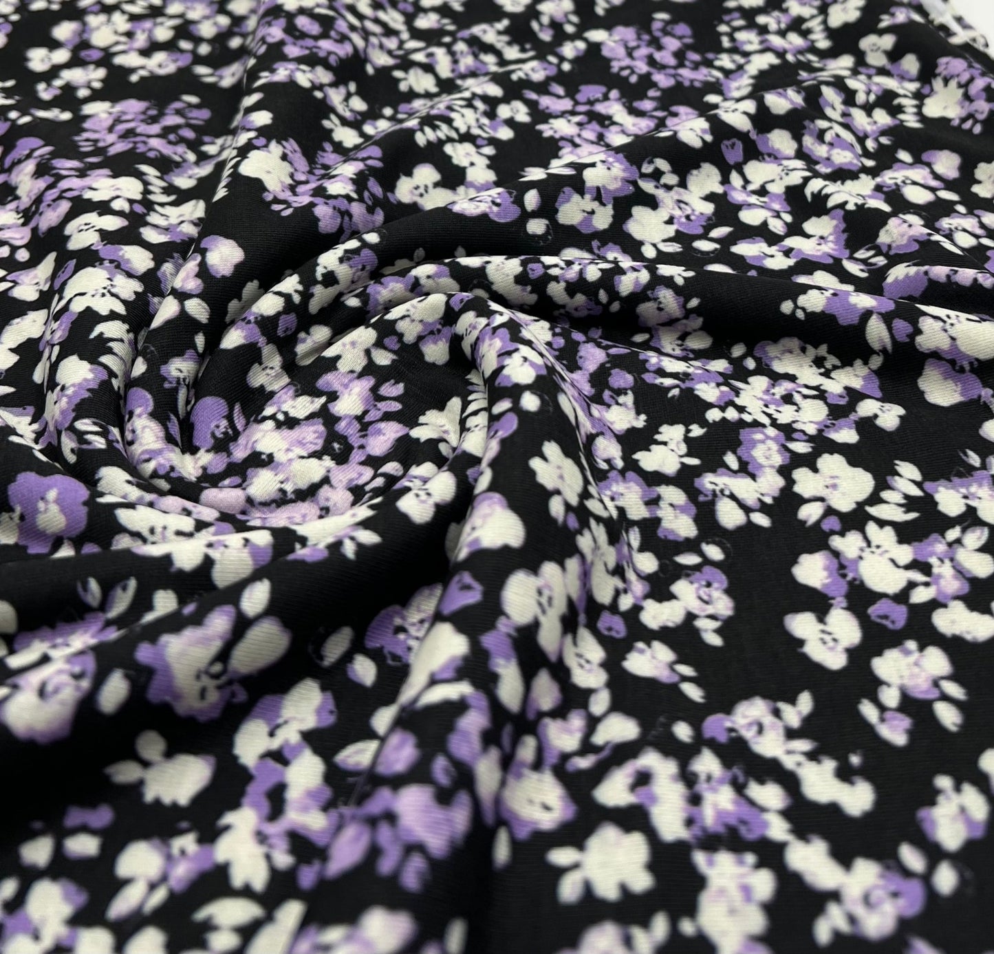Black Lilac Ditsy Floral Print Viscose Elastane 4 Way Stretch Fabric - T9 Fabrics