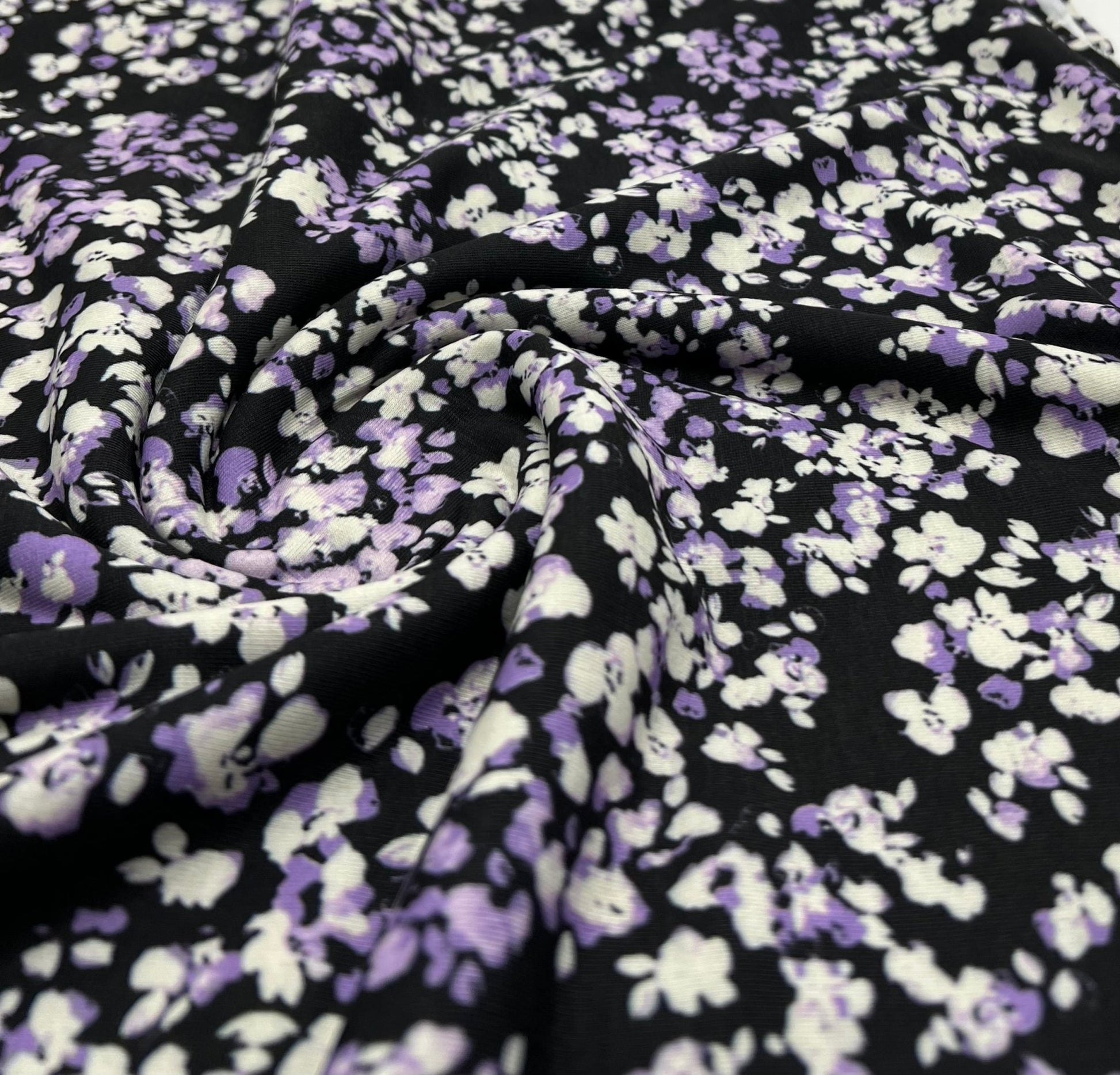 Black Lilac Ditsy Floral Print Viscose Elastane 4 Way Stretch Fabric - T9 Fabrics