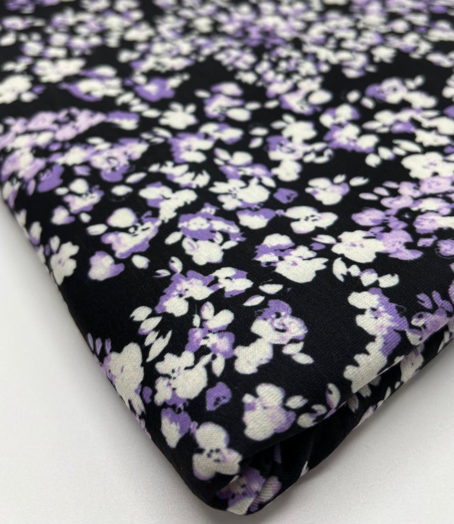 Black Lilac Ditsy Floral Print Viscose Elastane 4 Way Stretch Fabric - T9 Fabrics