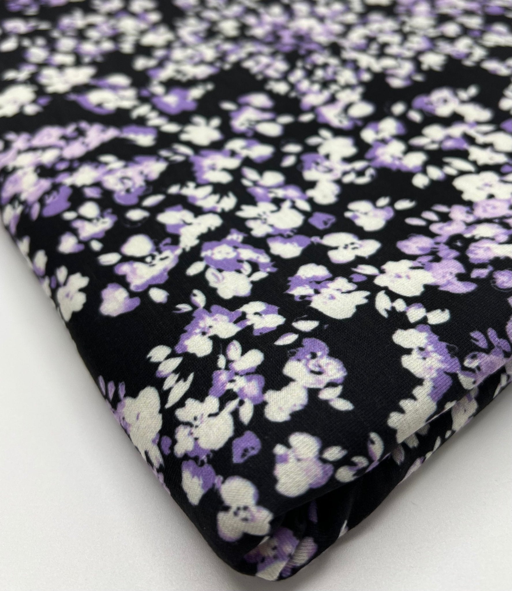 Black Lilac Ditsy Floral Print Viscose Elastane 4 Way Stretch Fabric - T9 Fabrics
