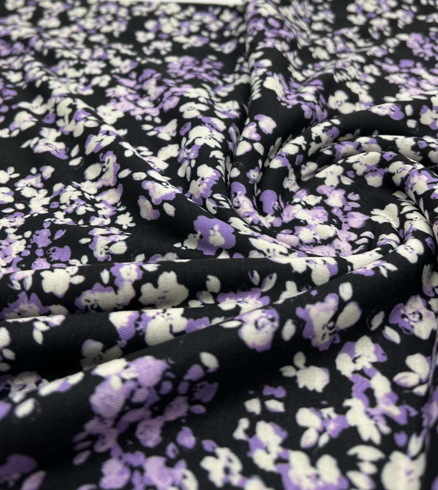 Black Lilac Ditsy Floral Print Viscose Elastane 4 Way Stretch Fabric - T9 Fabrics