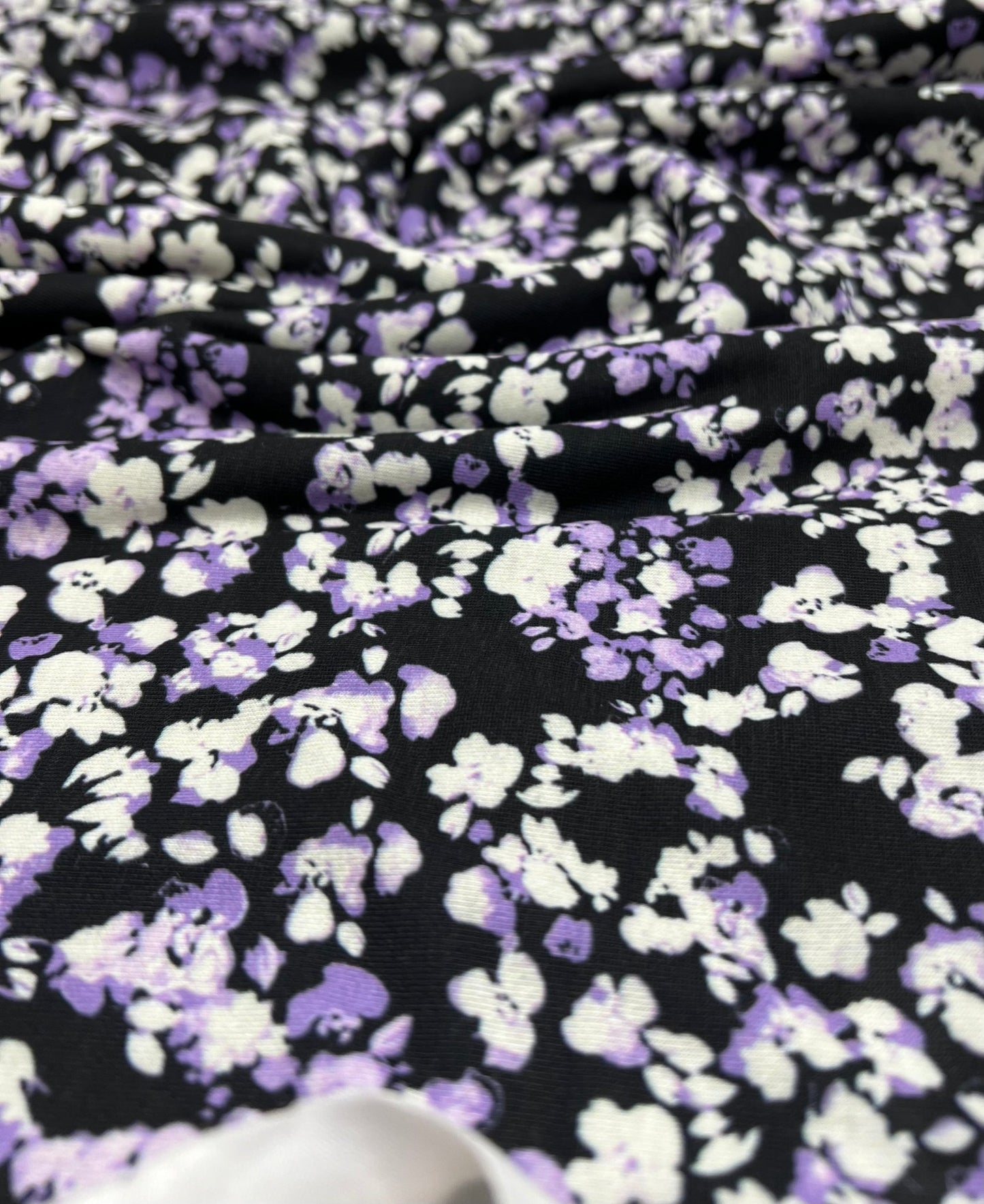 Black Lilac Ditsy Floral Print Viscose Elastane 4 Way Stretch Fabric - T9 Fabrics