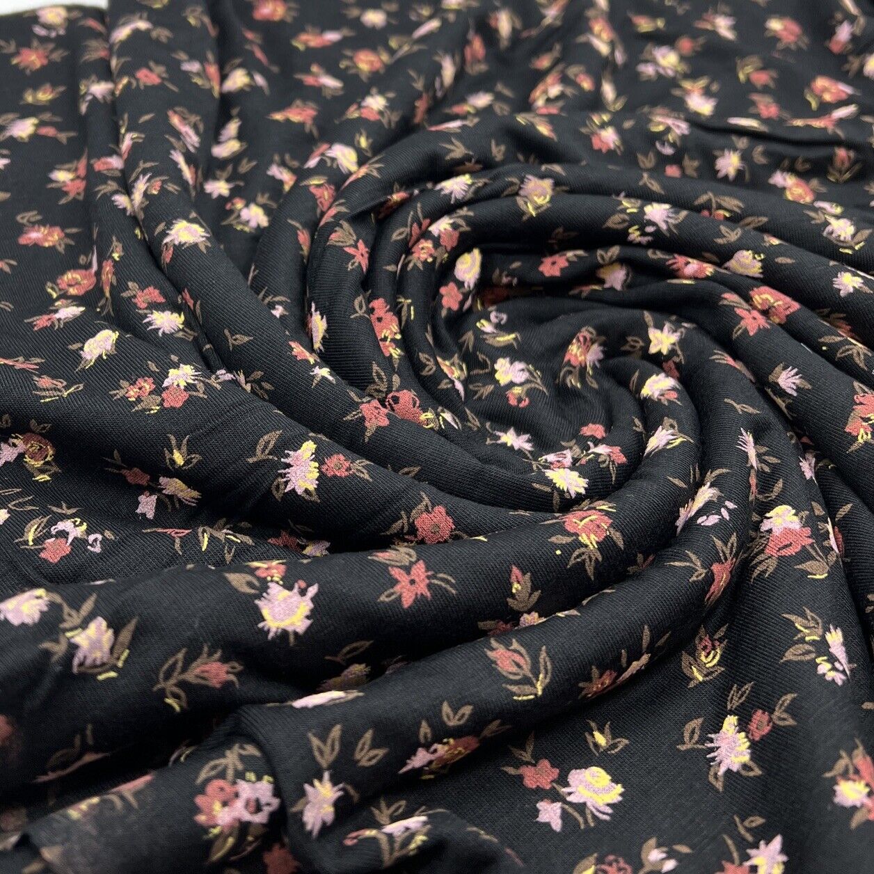 Black Lilac Ditsy Print Viscose Elastane Fabric - T9 Fabrics