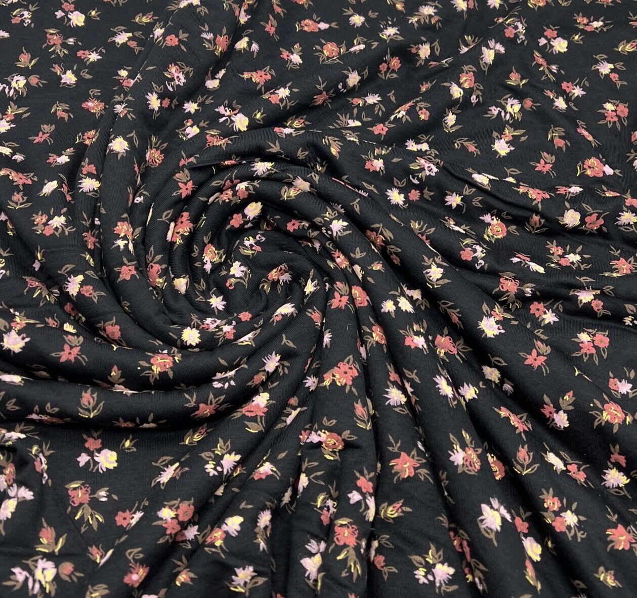 Black Lilac Ditsy Print Viscose Elastane Fabric - T9 Fabrics