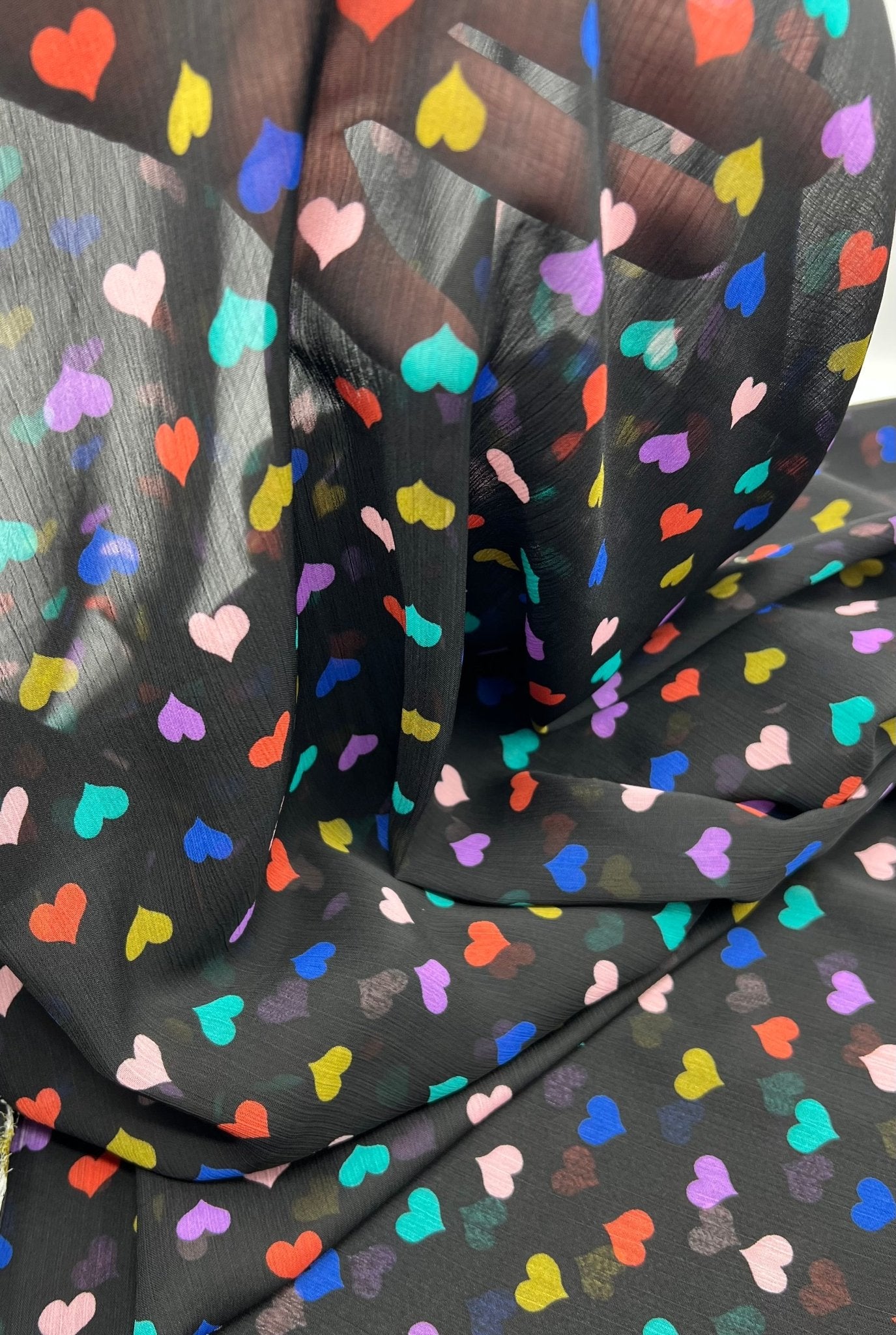 Black Love Heart Printed Chiffon Dress Fabric - T9 Fabrics