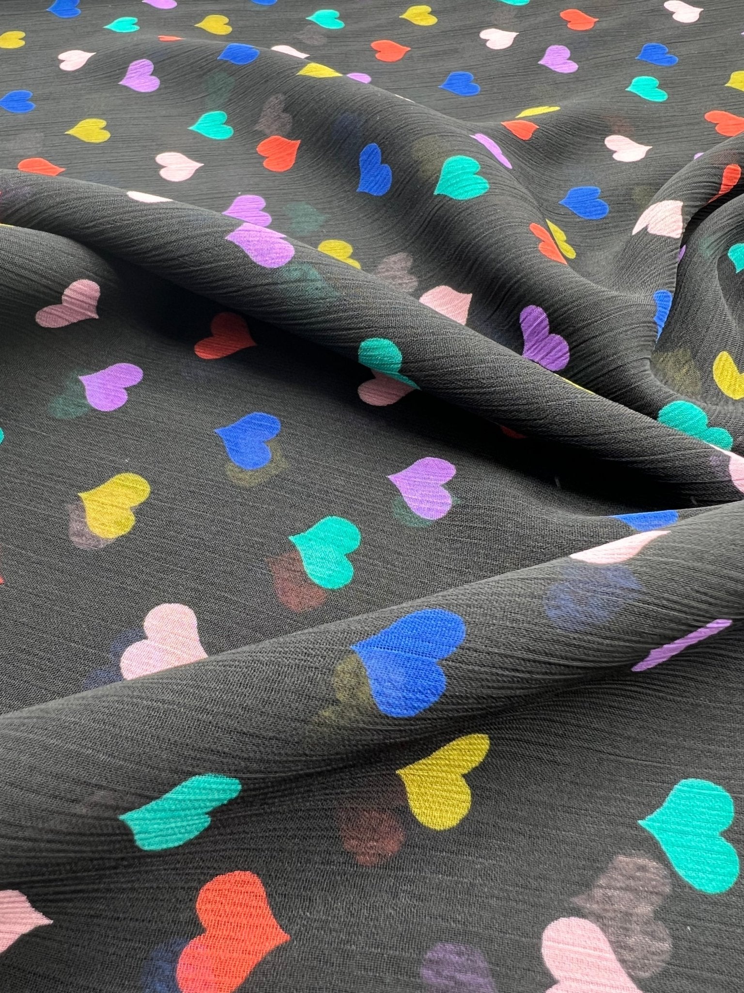 Black Love Heart Printed Chiffon Dress Fabric - T9 Fabrics