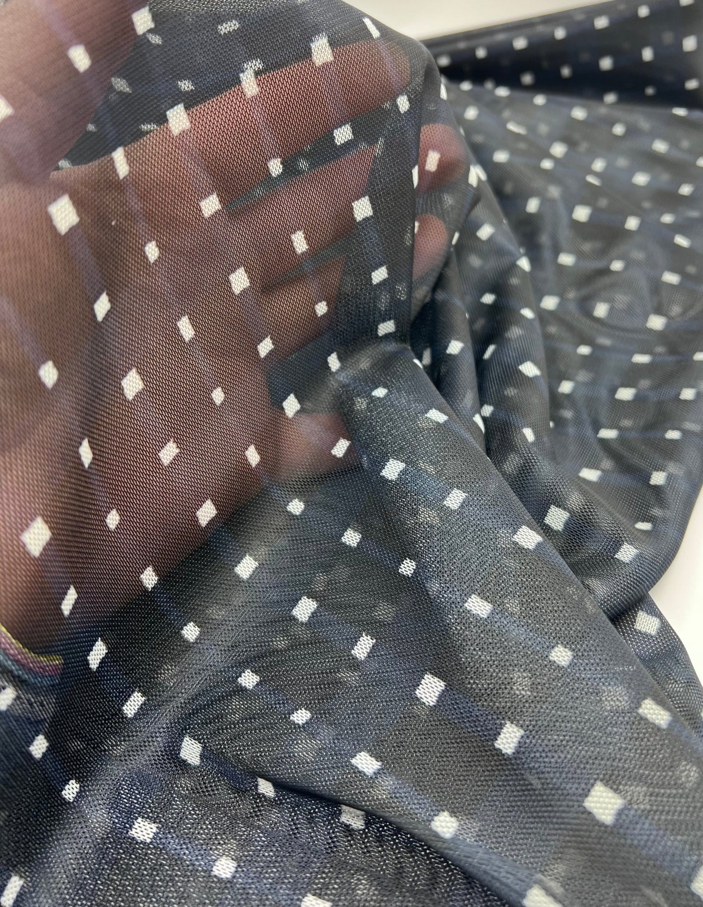 Black Navy White Square Mesh Fabric Stretch - T9 Fabrics