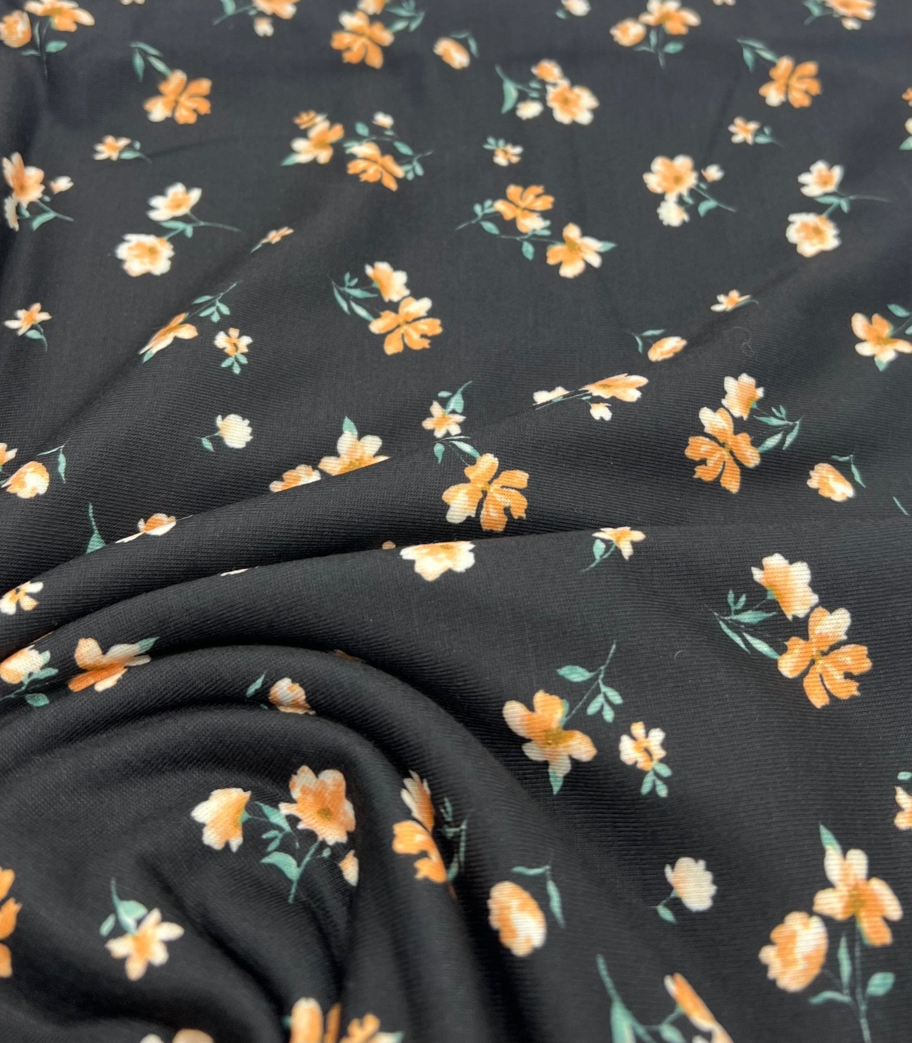 Black Orange Ditsy Floral Print Soft Spun Poly Stretch Fabric - T9 Fabrics