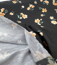 Black Orange Ditsy Floral Print Soft Spun Poly Stretch Fabric - T9 Fabrics