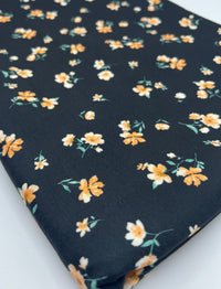 Black Orange Ditsy Floral Print Soft Spun Poly Stretch Fabric - T9 Fabrics