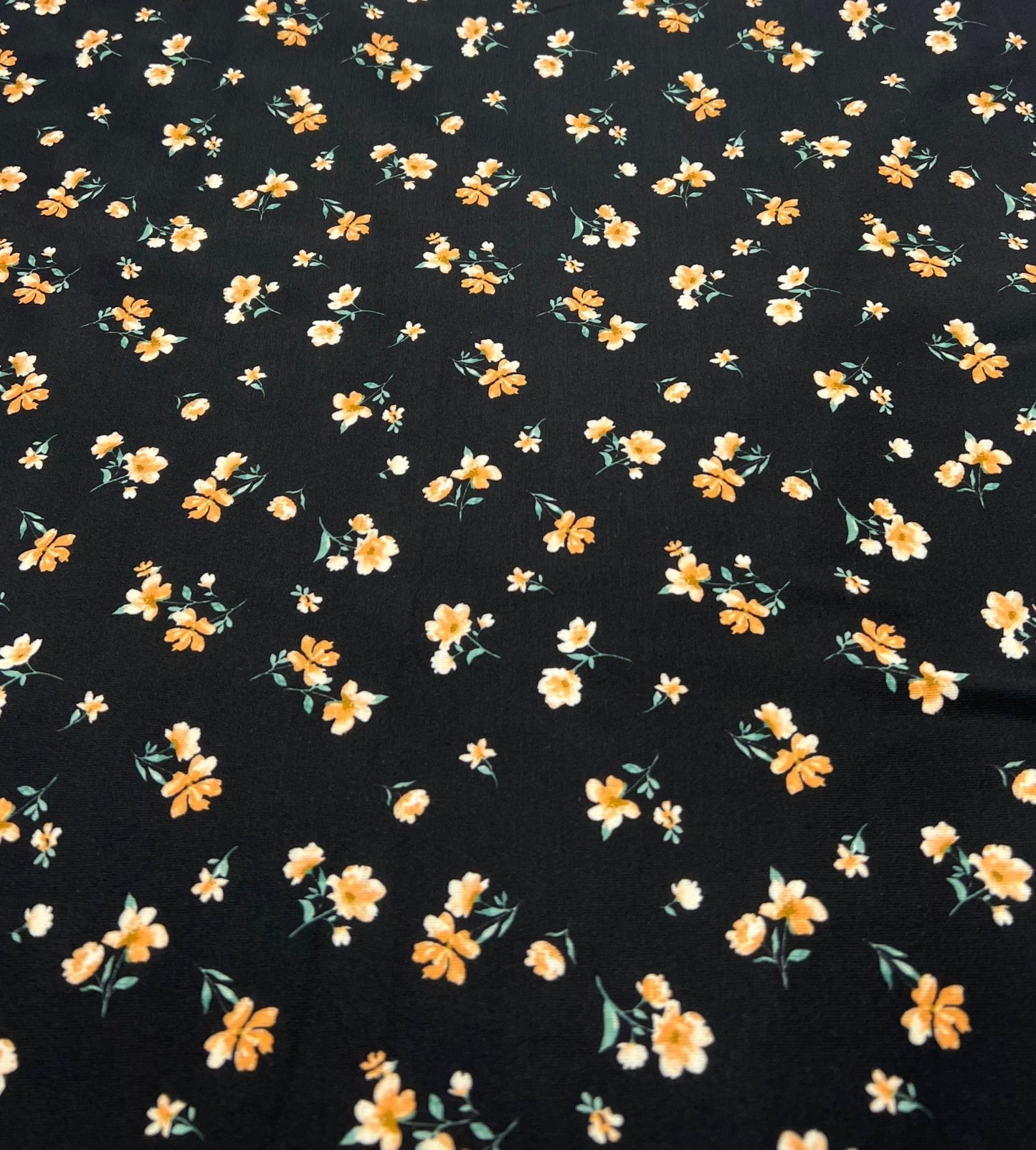 Black Orange Ditsy Floral Print Soft Spun Poly Stretch Fabric - T9 Fabrics
