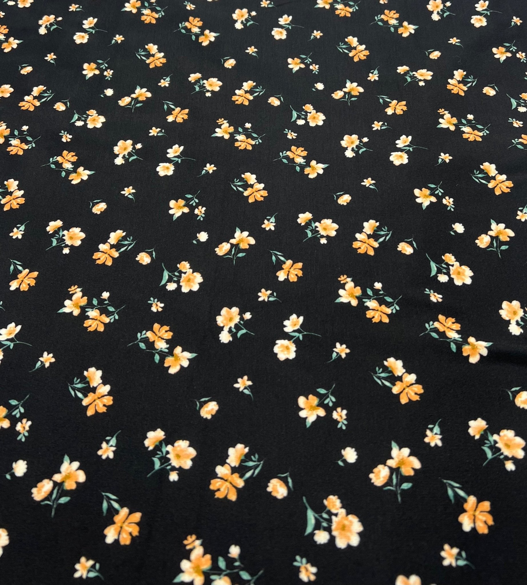 Black Orange Ditsy Floral Print Soft Spun Poly Stretch Fabric - T9 Fabrics