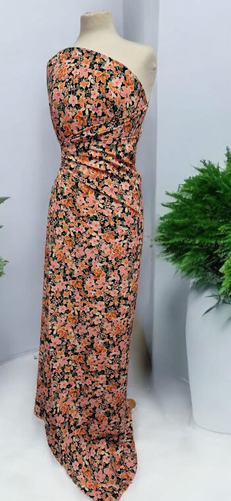 Black Orange Floral Lightweight Non Stretch Woven Dress Craft Fabric - T9 Fabrics