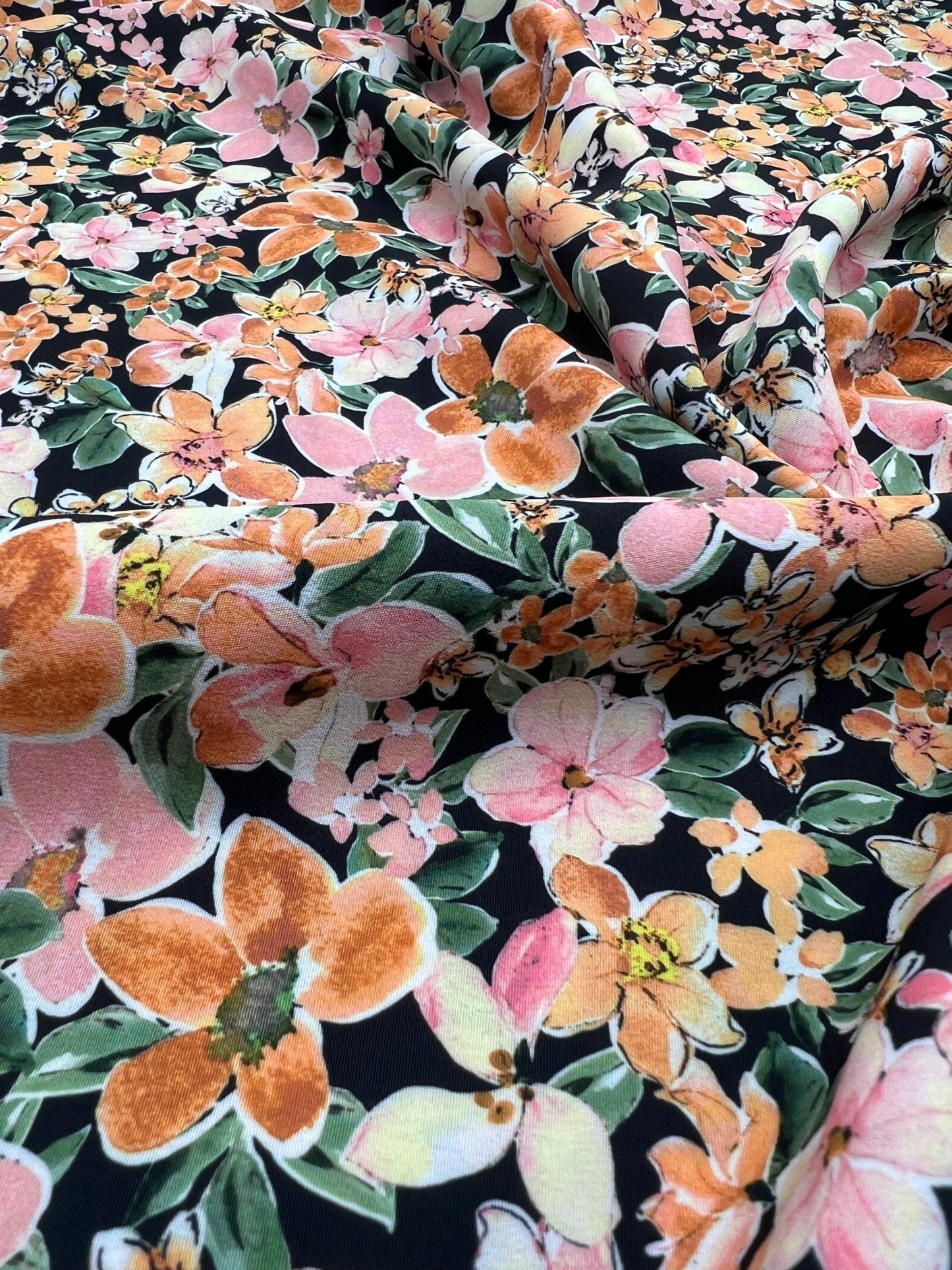 Black Orange Floral Lightweight Non Stretch Woven Dress Craft Fabric - T9 Fabrics