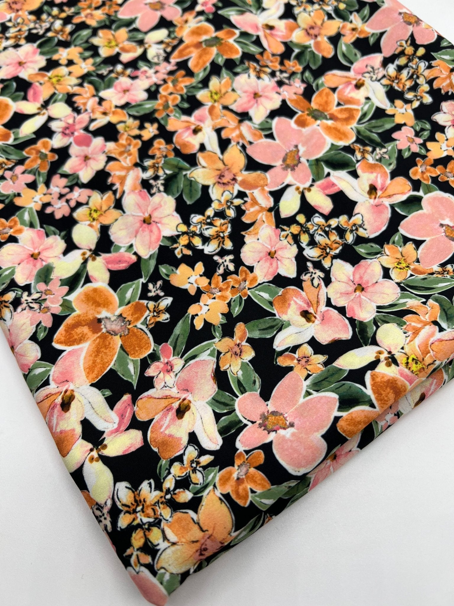 Black Orange Floral Lightweight Non Stretch Woven Dress Craft Fabric - T9 Fabrics