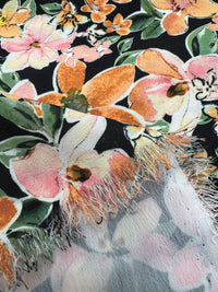 Black Orange Floral Lightweight Non Stretch Woven Dress Craft Fabric - T9 Fabrics