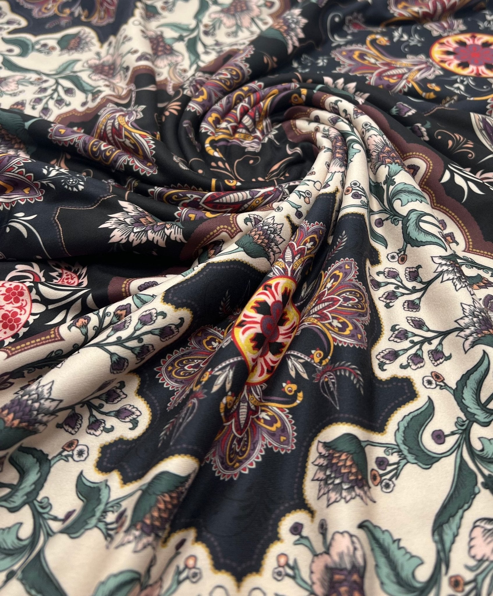 Black Paisley Floral Super Soft Print Spun Poly Stretch Fabric - T9 Fabrics