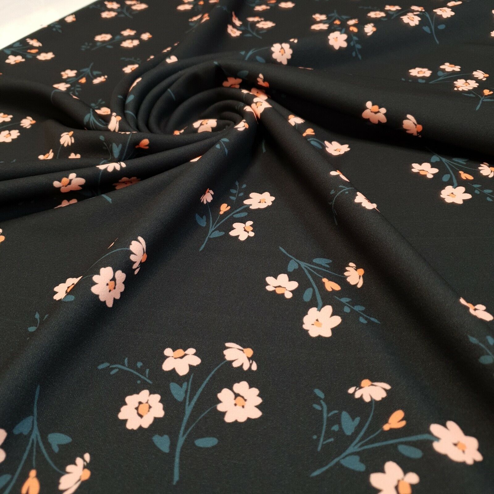 Black Peach Floral Printed Scuba Crepe Jersey Fabric 4 Way Stretch - T9 Fabrics