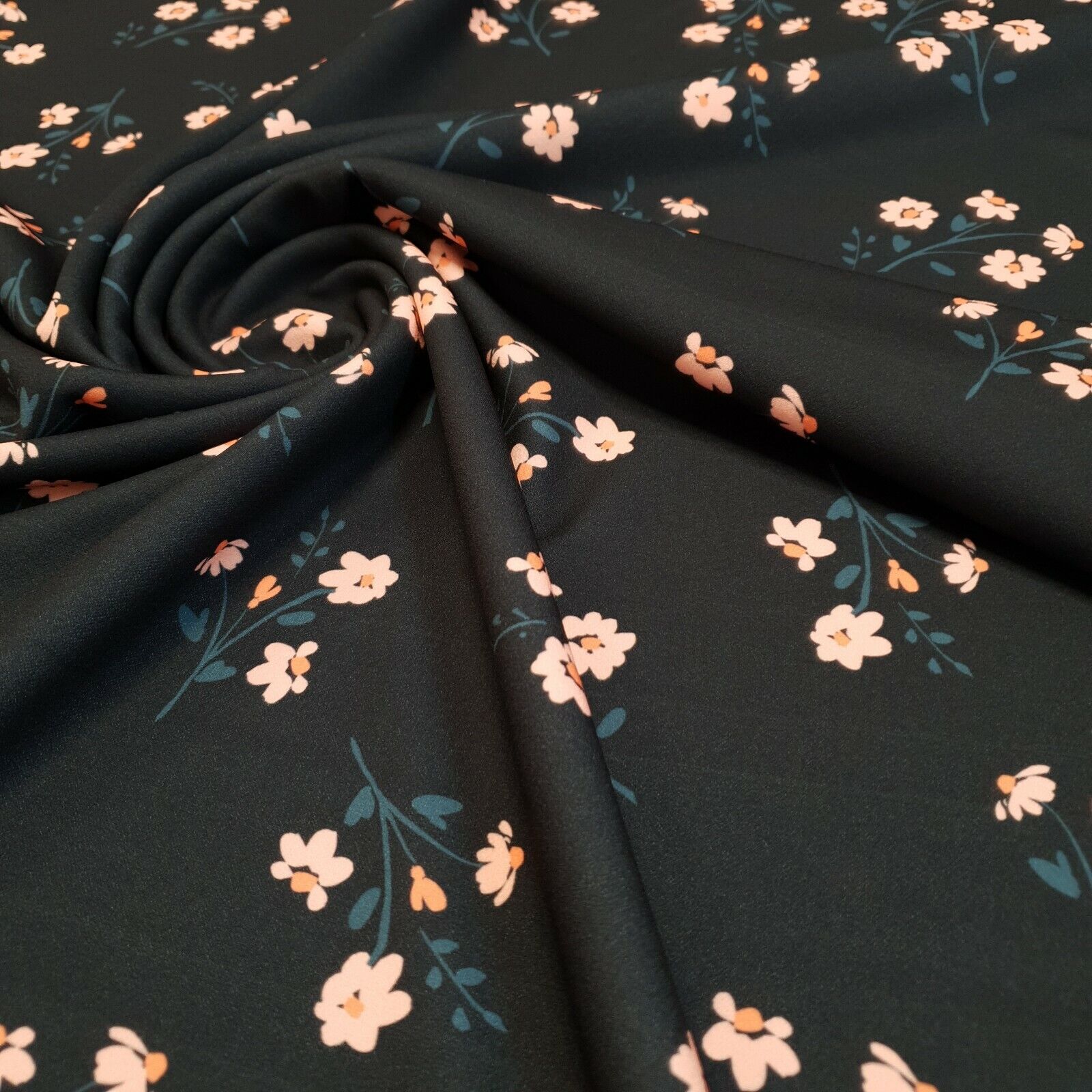 Black Peach Floral Printed Scuba Crepe Jersey Fabric 4 Way Stretch - T9 Fabrics