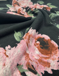 Black Pink Rose Floral Melange Knit Stretch Fabric - T9 Fabrics