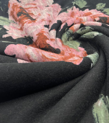 Black Pink Rose Floral Melange Knit Stretch Fabric - T9 Fabrics