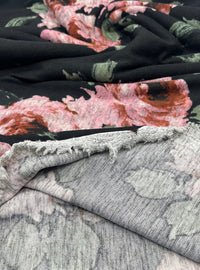 Black Pink Rose Floral Melange Knit Stretch Fabric - T9 Fabrics