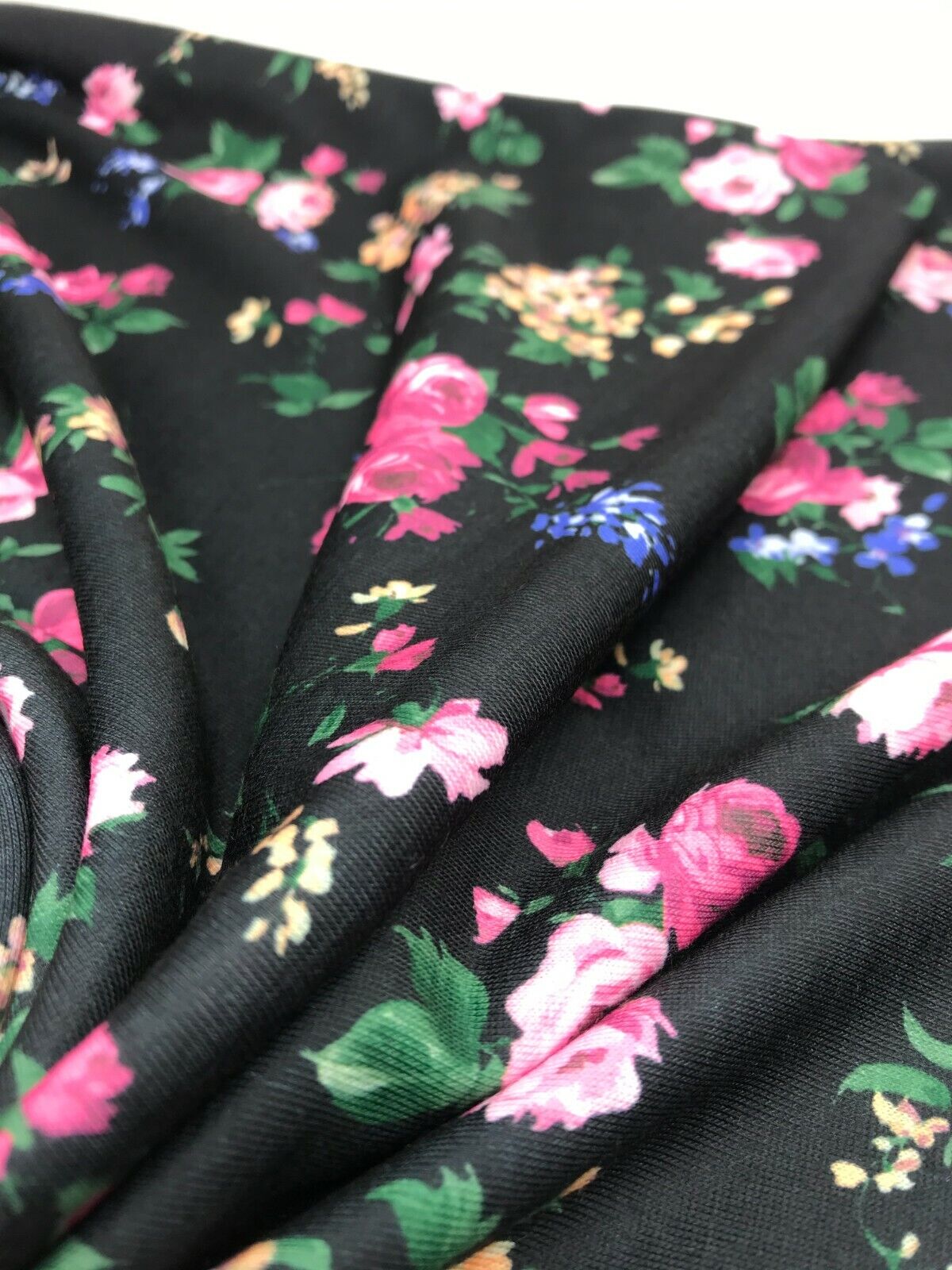 Black & Pink Rose Floral Print Spun Poly Stretch Fabric - T9 Fabrics