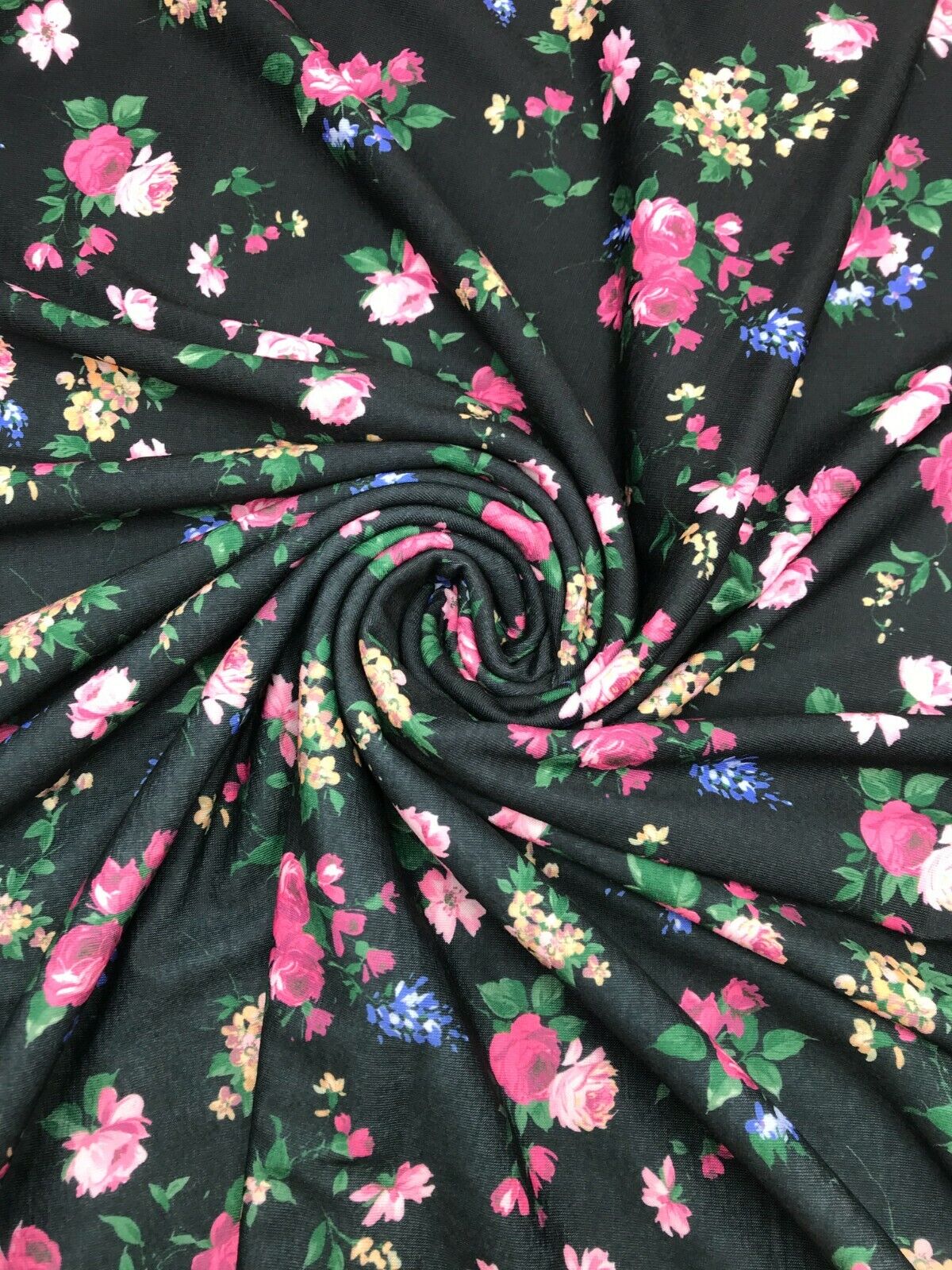 Black & Pink Rose Floral Print Spun Poly Stretch Fabric - T9 Fabrics