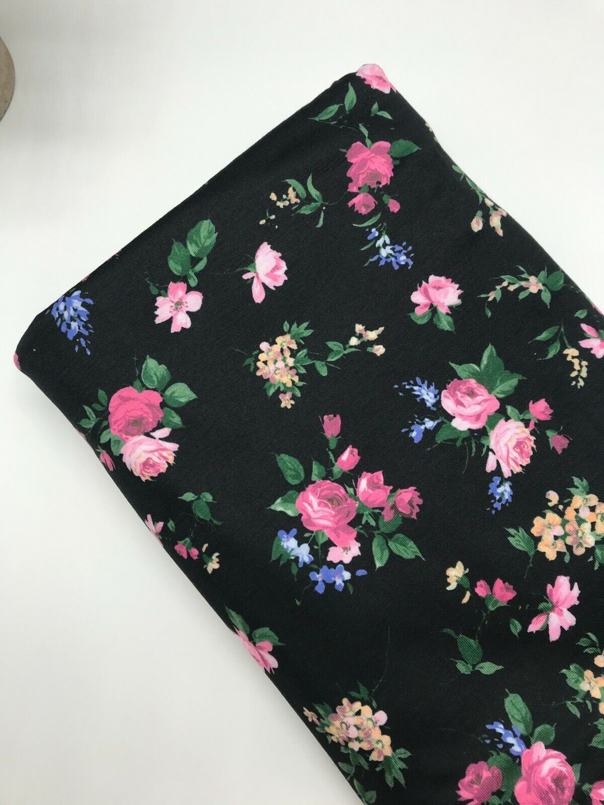 Black & Pink Rose Floral Print Spun Poly Stretch Fabric - T9 Fabrics