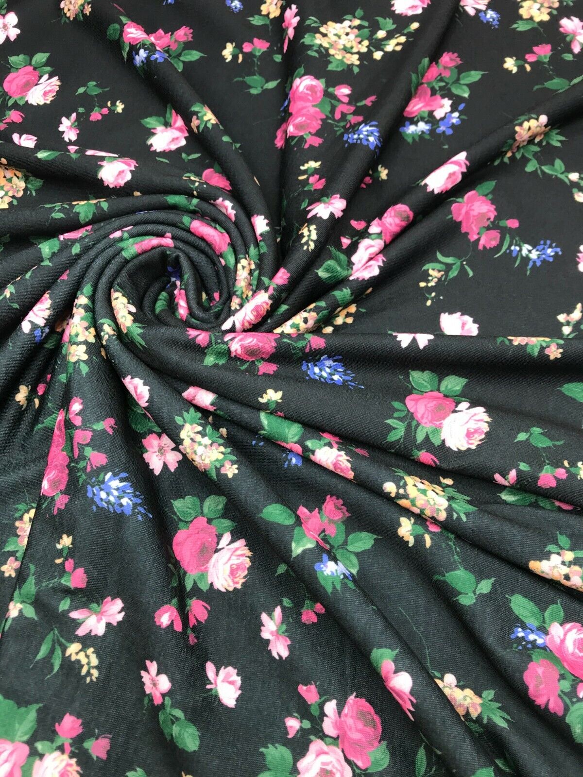 Black & Pink Rose Floral Print Spun Poly Stretch Fabric - T9 Fabrics