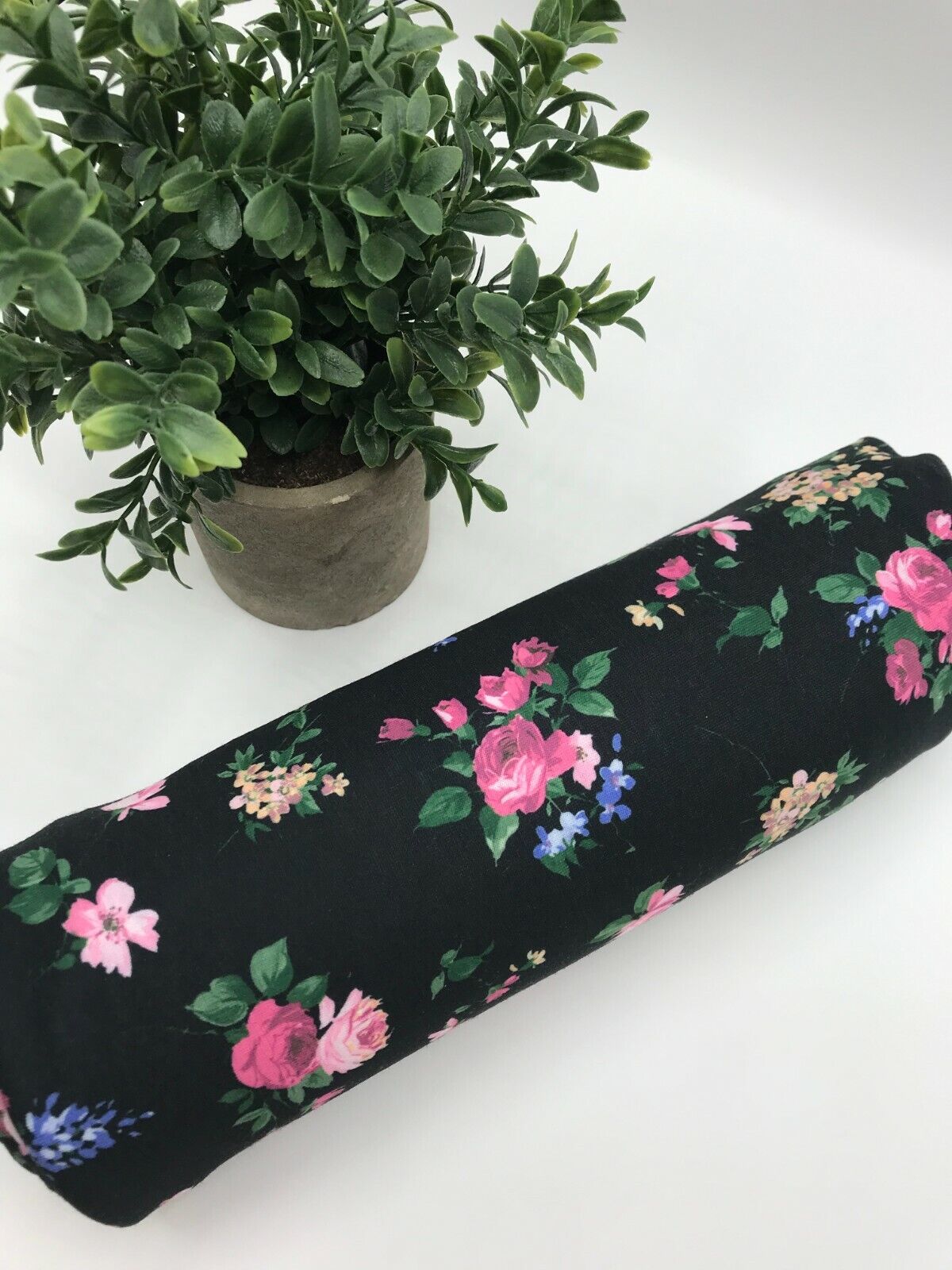 Black & Pink Rose Floral Print Spun Poly Stretch Fabric - T9 Fabrics