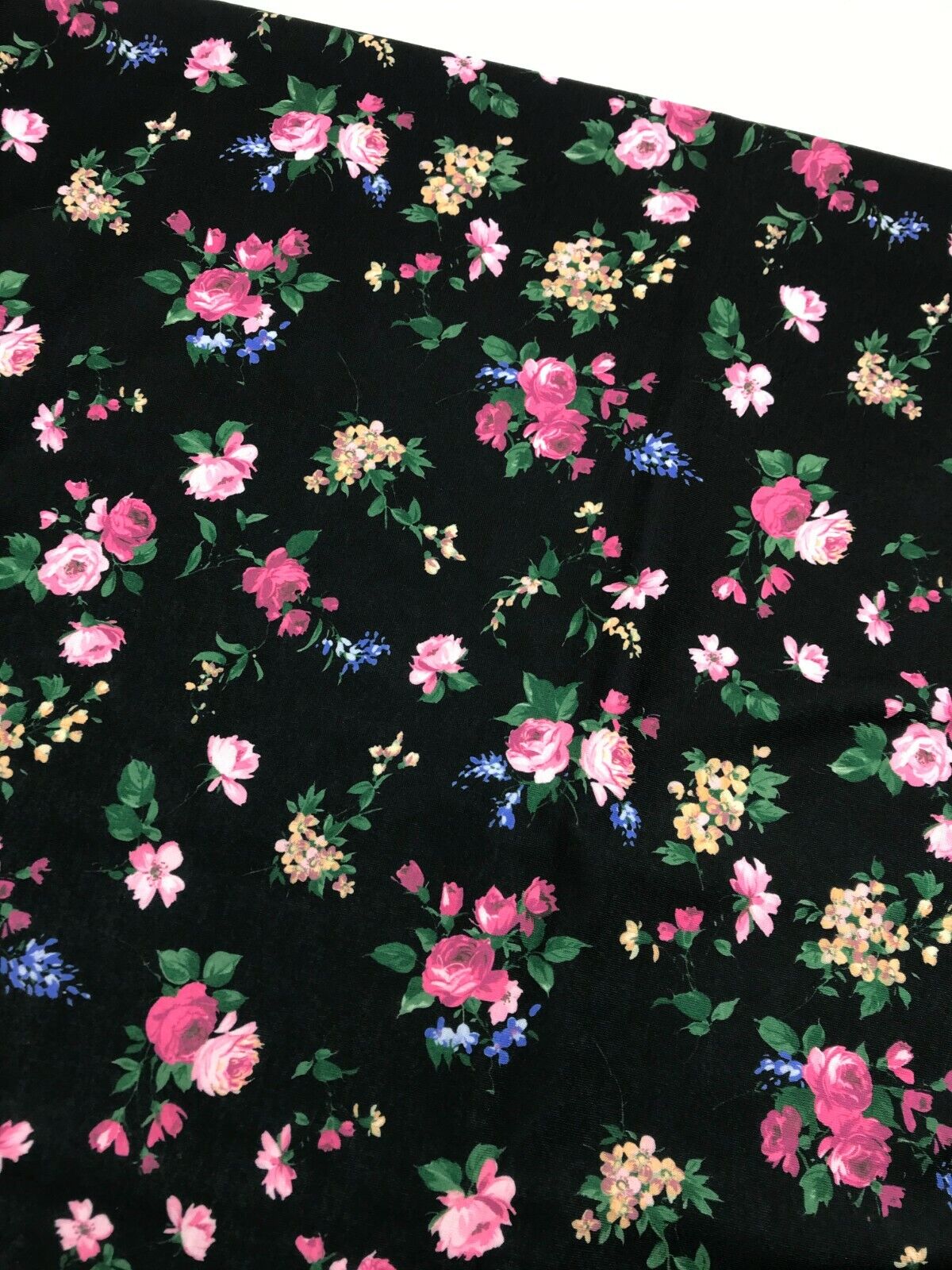 Black & Pink Rose Floral Print Spun Poly Stretch Fabric - T9 Fabrics