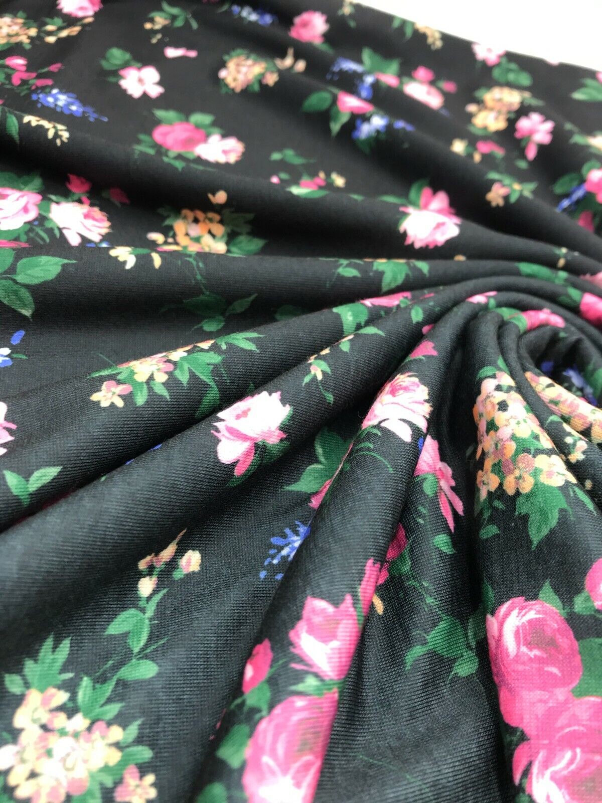 Black & Pink Rose Floral Print Spun Poly Stretch Fabric - T9 Fabrics