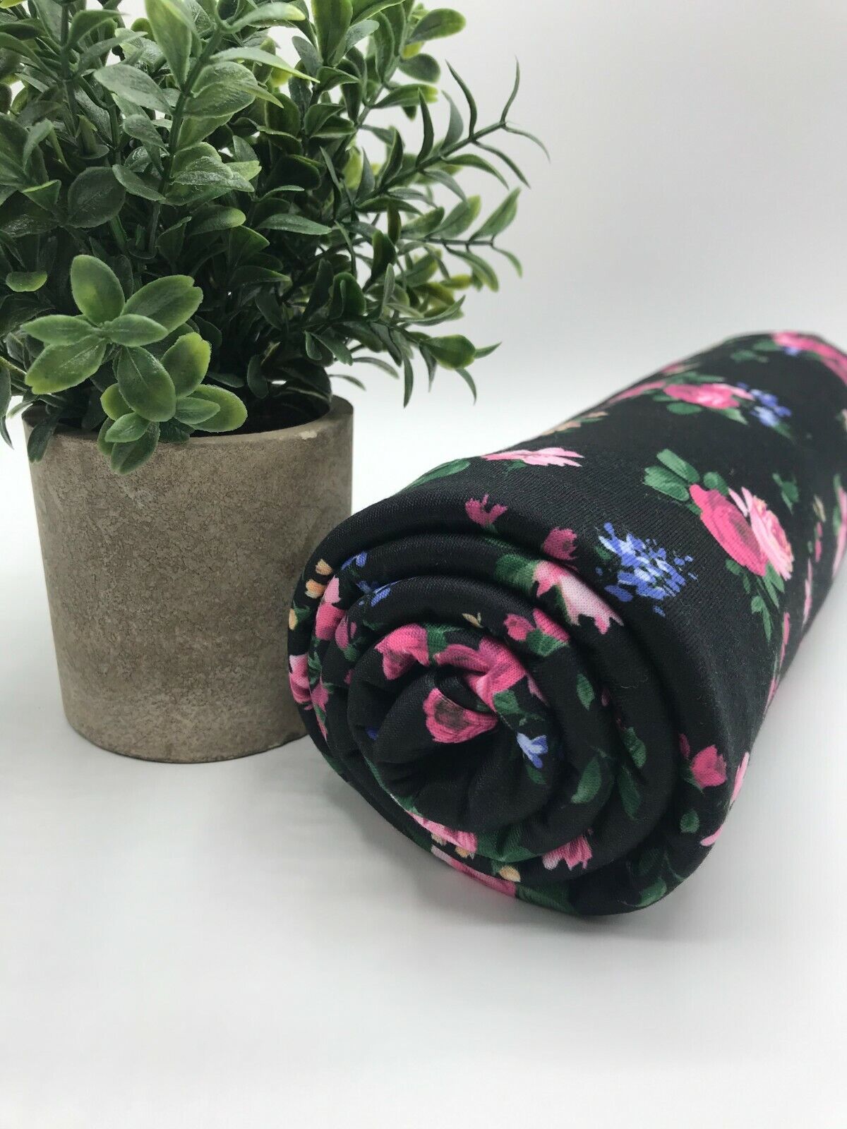 Black & Pink Rose Floral Print Spun Poly Stretch Fabric - T9 Fabrics