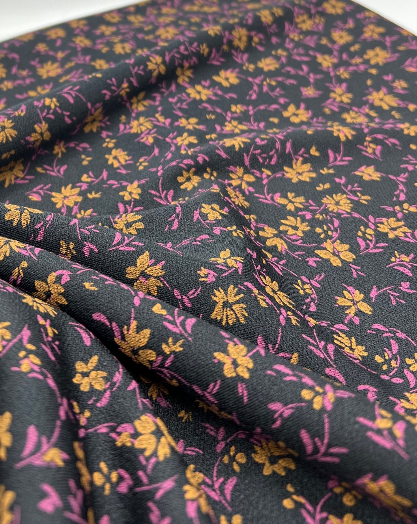 Black Purple Floral Print Lightweight Crepe Fabric 4 Way Stretch - T9 Fabrics