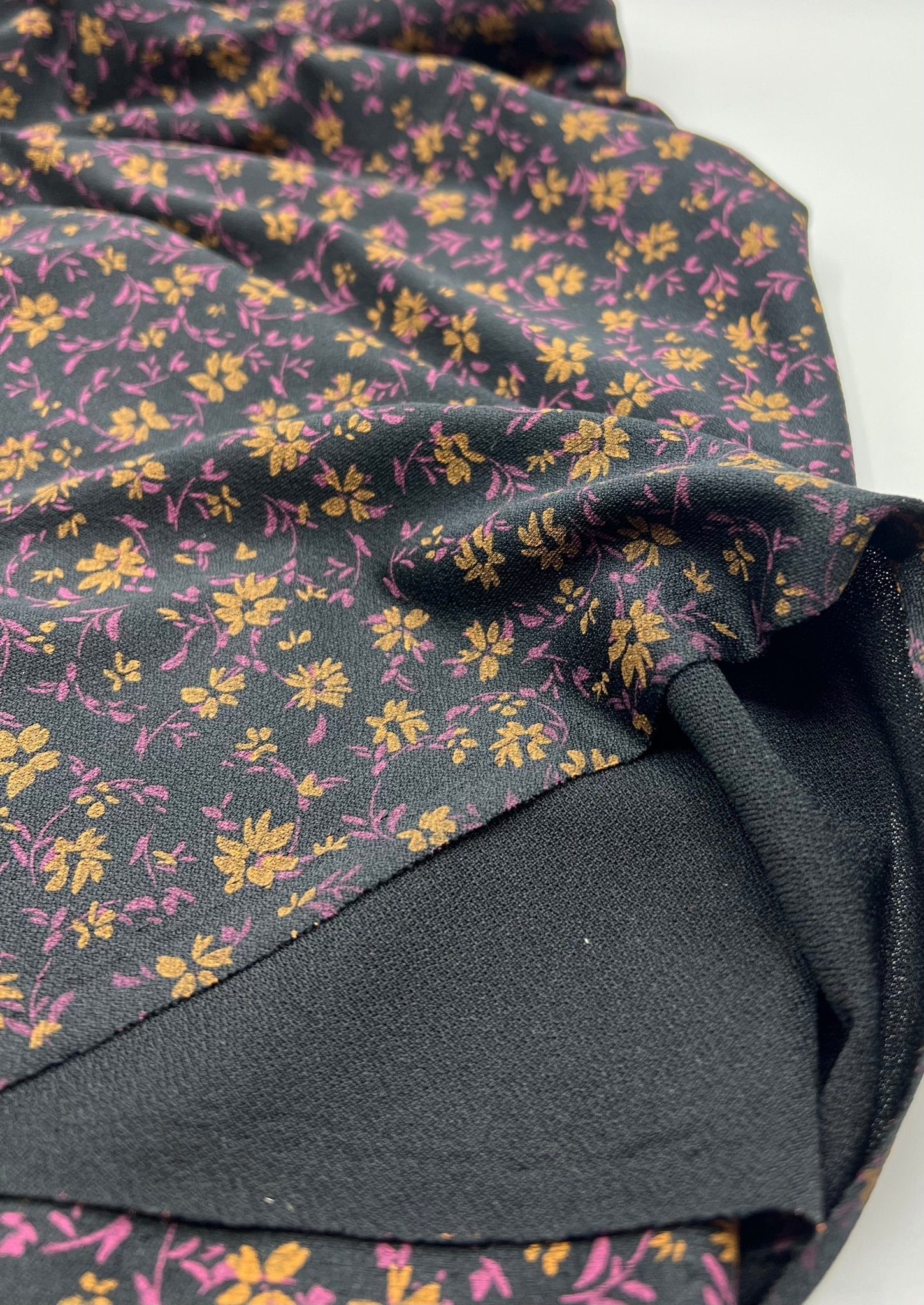 Black Purple Floral Print Lightweight Crepe Fabric 4 Way Stretch - T9 Fabrics