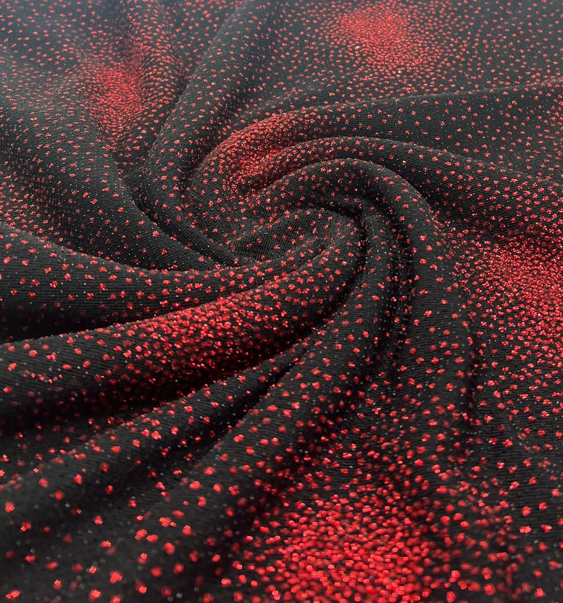 Black Red Glitter Detail Lurex Sparkle Metallic Stretch Knit Fabric - T9 Fabrics