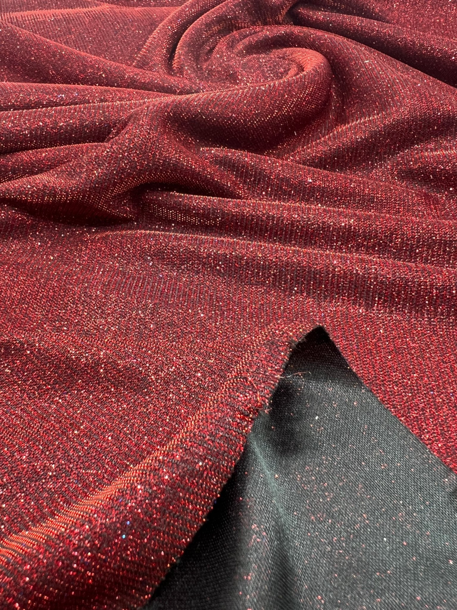 Black Red Glitter Detail Sparkle Metallic Stretch Knit Fabric - T9 Fabrics