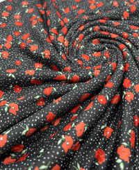 Black Red Poppy Print Spun Poly Stretch Fabric - T9 Fabrics