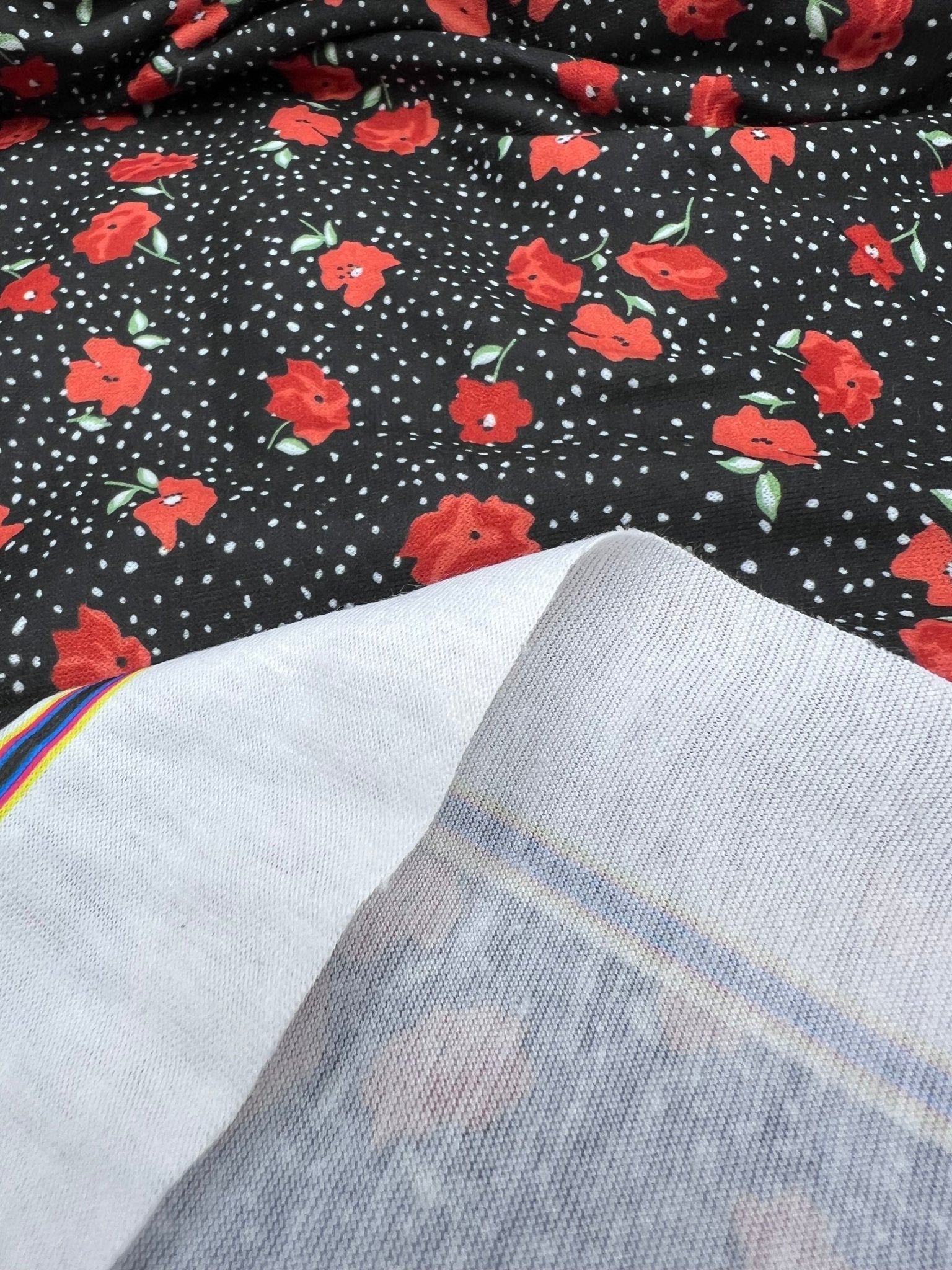 Black Red Poppy Print Spun Poly Stretch Fabric - T9 Fabrics