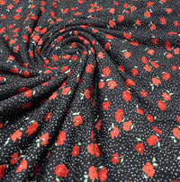 Black Red Poppy Print Spun Poly Stretch Fabric - T9 Fabrics