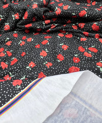 Black Red Poppy Print Spun Poly Stretch Fabric - T9 Fabrics