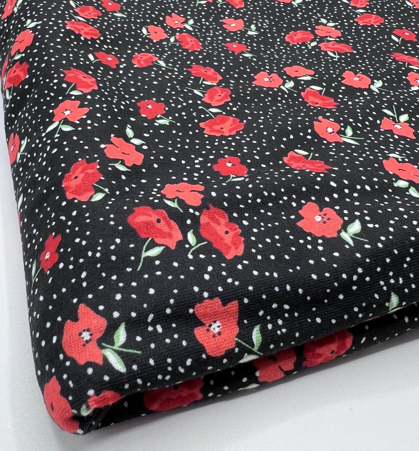 Black Red Poppy Print Spun Poly Stretch Fabric - T9 Fabrics